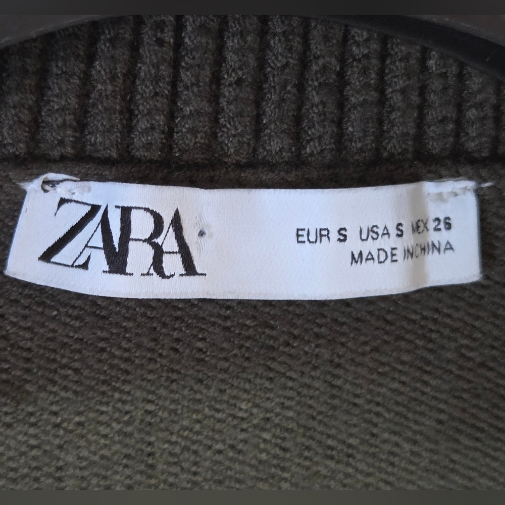 Zara Olive Green Long Sleeve Crop Top Knit Vneck Sweater Sz Small Earthy Neutral - Picture 4 of 12